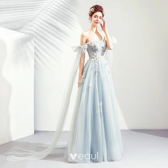 Baby Blue Tulle Lace Embroidered Maxi Gown Drape Sleeves M - Picture 1 of 6